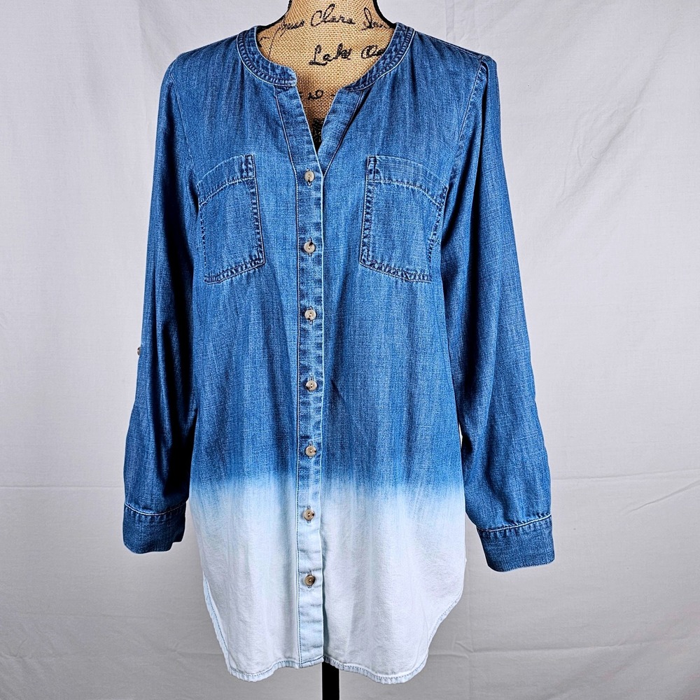 Beautiful J. Jill Denim Shirt Ombre Dip Dye Collarless Button Down Blue White M - Picture 3 of 13